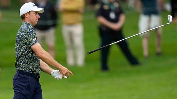 Jordan Spieth tosses his club in the fairway on the 7th hole during the second round of the 2023 PGA Championship.